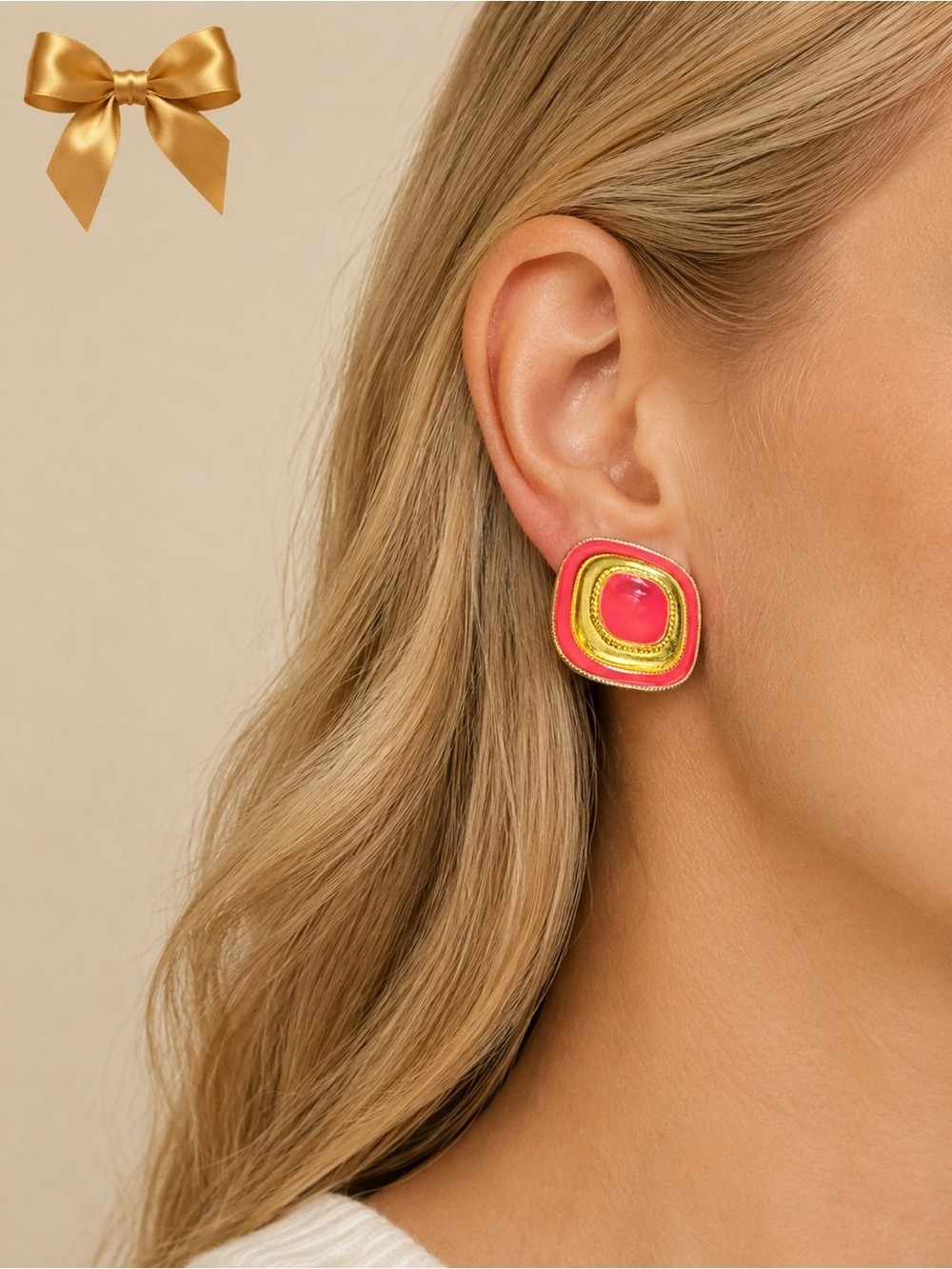 Clip-On Earrings Pink/Gold 1 1/2 inch sq